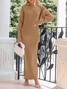 Women's Fall Two Sets Bodycon Ankle-Length Vest Pullover Sweater Dress And Long Sleeve Short Cardigan Knit Suit - 卡其色 - 查看 3