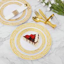 150/75/50/25/7pcs Set Gold Hollow Plates And Gold Cutlery Dinnerware Set, Salad Plates, Flatware, 10.25 Inch And 7.5 Inch Serving Trays, Suitable For Holiday Gatherings, Family Parties, Outdoor, Weddings, Restaurants