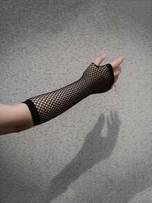 1 Pair Black Fishnet Gloves, Stretchy Mesh Arm Sleeves, Fingerless, Personalized Styling, Long/Short, Sun Protection, Suitable For Nightclub, Party, Etiquette - Black - View 2