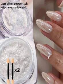 2 盒珍珠白指甲闪光粉镀铬，Y2K 2 件月光白镀铬粉颜料，用于釉面甜甜圈美甲，月光粉镜面效果闪光 2 件眼影棒 DIY 指甲饰品指甲宝石美甲用品 - 彩色 - 查看 6