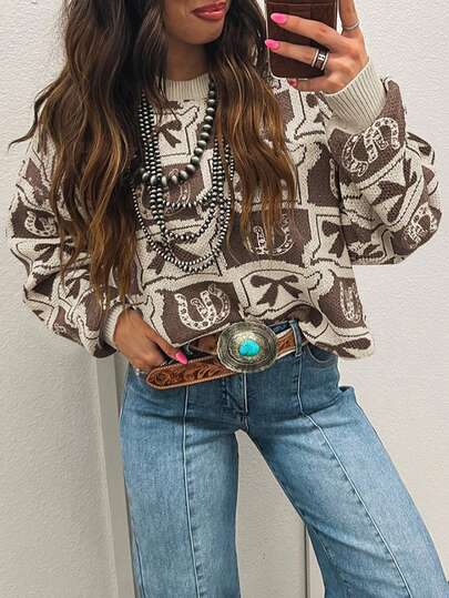 Acelitt Winter Fashion Women's Brown Western-Style Pattern Contrasting Loose Sweater