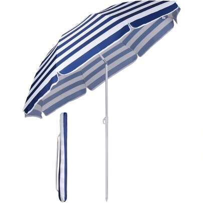 1.6m Beach Umbrella With Cover, Portable Tilting Garden Parasol Umbrella, Sun Parasol For Beach/Pool/Patio, Round Sunscreen UV20+ Blue And White