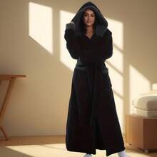 Bata de baño de franela para mujer, bata de dormir con cuello de chal grueso, bata con capucha esponjosa y cálida, bata con capucha de unicolor y mangas largas gruesas para pareja, otoño/invierno