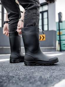 Fashionable Waterproof Rain Boots, Unisex Drawstring Mid-Calf Delivery Rider Work Boots, Thick Sole Anti-Slip Rubber Shoes