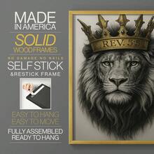 1pc Restickable Framed Lion Of Judah Art Print, Wood Frame, Biblical Inspired Regal Animal Wall Decor With Gold Crown & Scripture Accent, Spiritual Artwork For Living Room, Office, Or Prayer Room, Made In USA, Ready To Hang Art Prints - 金色 - 查看 6