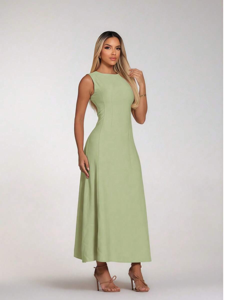 Women's Marrente Party Dress Long Prom Dress With Round Neckline Wedding Event Dress, Party Dress, Wedding Guest Dress, Party Dress No Ironing S M L - 橄欖綠 - 查看 1