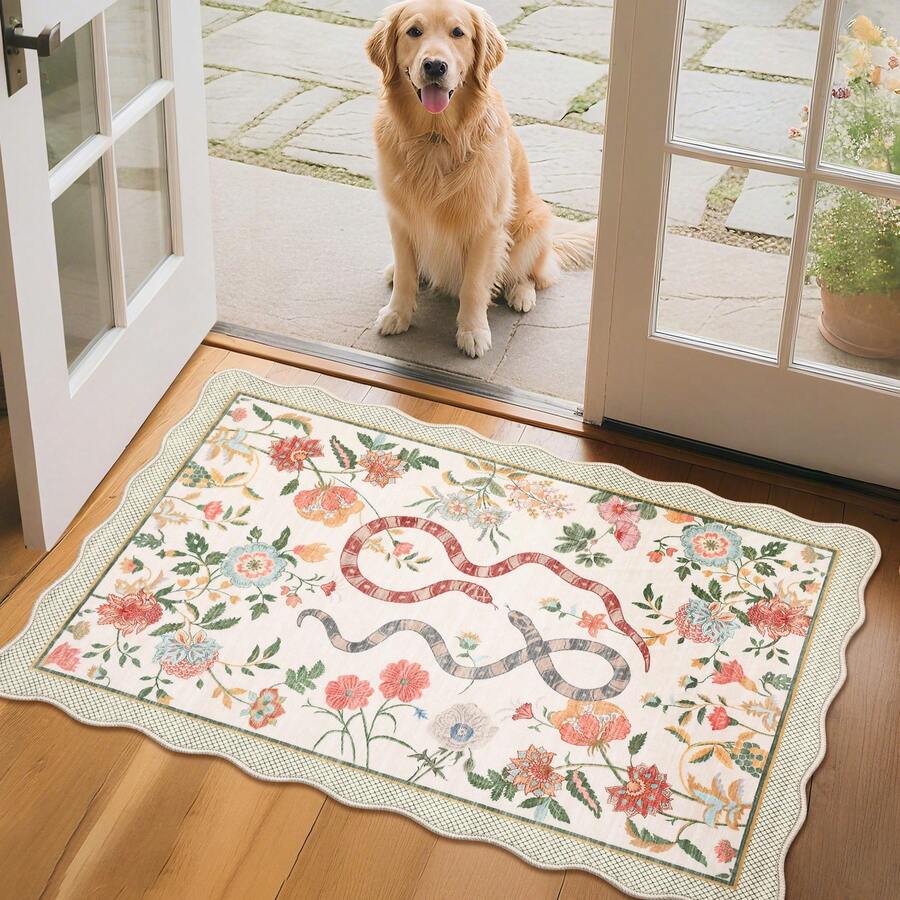 1Pcs Room Decor Modern Washable Scalloped Floral Snake Area Rug For Living Room Indoor Bedroom Foldable Floor Mats, Soft Low Pile Non Shedding Carpets For Offices Non-Slip Runner For Hallway Dorm - 米色 - 查看 1