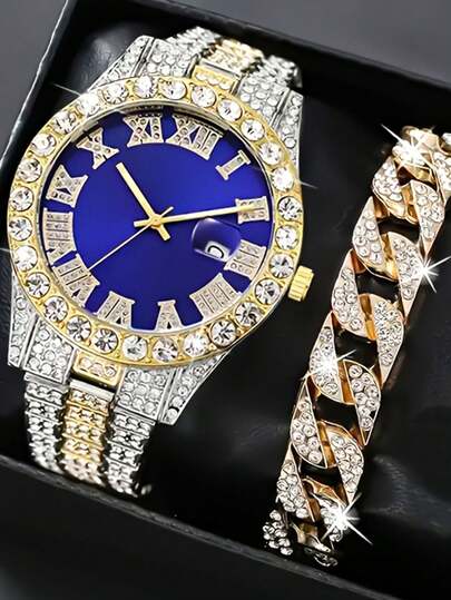 2PCS Gorgeous Fashion Boy Quartz Watch With Round Dial Rhinestone Inlaid Roman Numerals, Alloy Strap Inlay With Bracelet Inlay, Is The Best Gift For Boys, Suitable For Birthdays, Festivals And Couple Gifts, Gift Box Not Included