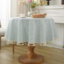Round Tablecloths Striped Tablecloth Cotton Blend Table Cloth Washable Tabletop Decorative Fabric Table Cover For Kitchen Dinning (Green, Round 39 Inch) - Green39Round - View 3