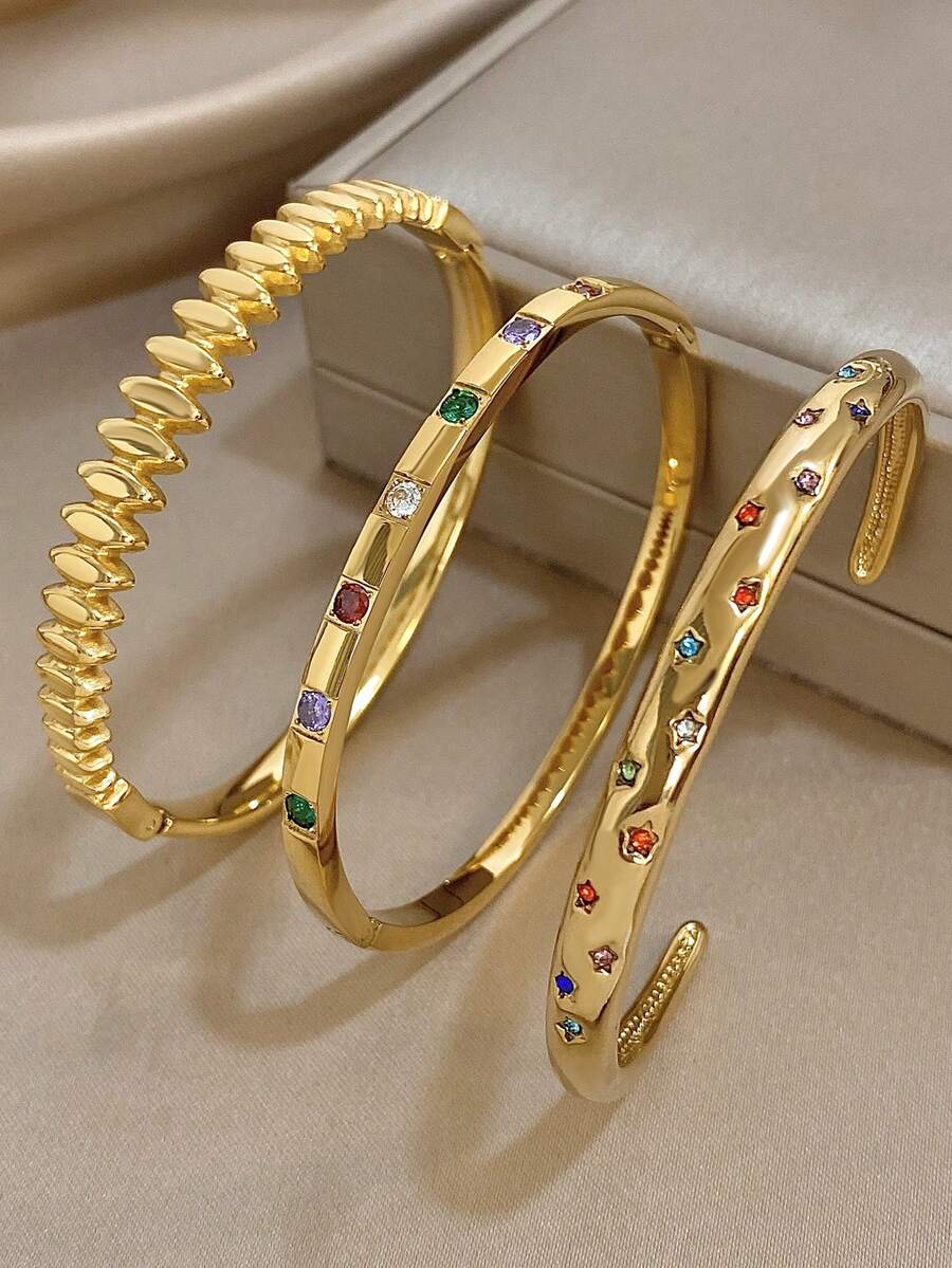 18K镀金不锈钢奢华优雅复古多色手链套装，女士梦幻珠宝，母亲节礼物，圣诞节、感恩节、万圣节、婚礼珠宝礼物、周年纪念日、情人节波西米亚风珠宝，日常派对佩戴 - 彩色 - 查看 1