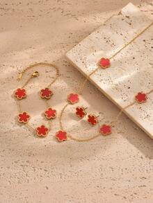 TONSI 一套时尚简约18K镀金不锈钢四叶草项链、手链、耳环首饰套装，适合女性日常佩戴和约会，五叶草贝壳项链 - 金色 - 查看 6