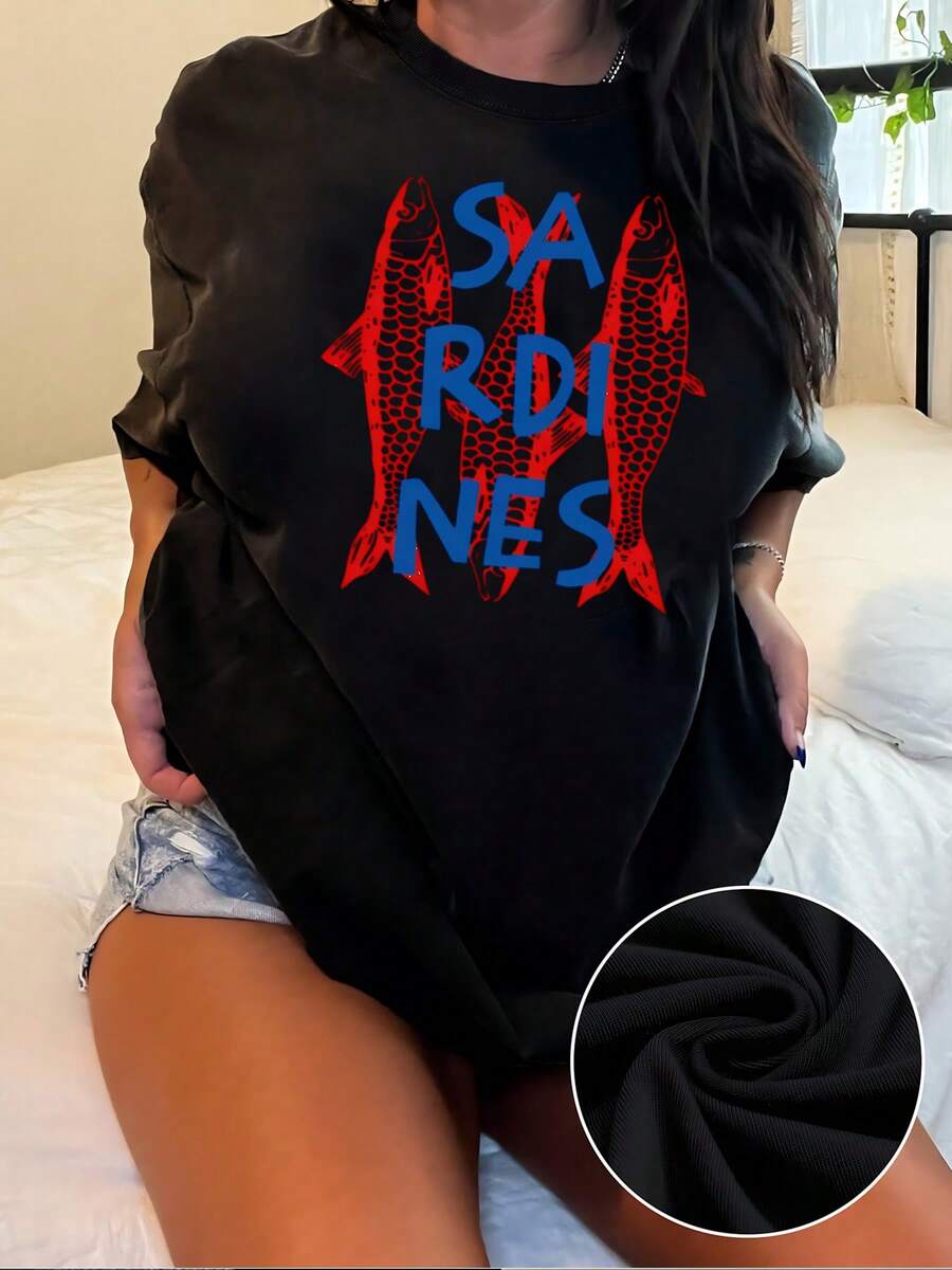Camiseta con estampado de sardinas para mujer, estilo informal, cómoda y de cuello redondo, con estampado de peces único, tela suave y transpirable, ideal para el día a día. - Negro - Ver 1