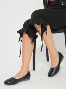 Zapatos planos para mujer de cuero retro, punta redonda, correa con hebilla, tacón bajo, estilo casual elegante para oficina y diario - Azul Marino - Ver 3