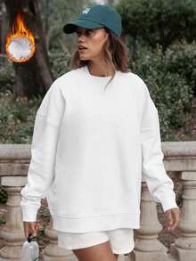 Áo nỉ nữ màu trắng bằng cotton, trễ vai, lót lông cừu dày, kiểu dáng rộng rãi, cổ tròn, tay dài, cỡ lớn, phù hợp cho mùa thu/đông. - Trắng 2 - Xem 1