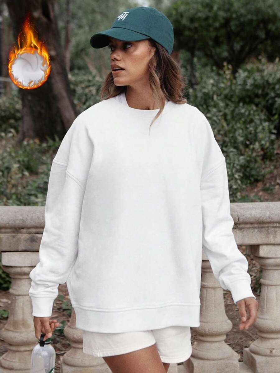 Áo nỉ nữ màu trắng bằng cotton, trễ vai, lót lông cừu dày, kiểu dáng rộng rãi, cổ tròn, tay dài, cỡ lớn, phù hợp cho mùa thu/đông. - Trắng 2 - Xem 1