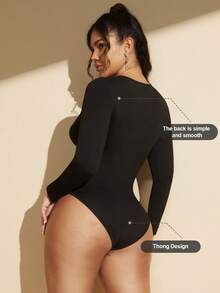 1pc Women Hollow Out Long Sleeve Sexy Chest Shaping Bodysuit - Black - View 4