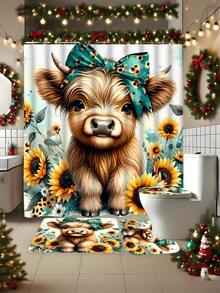 1/4 pièces Ensemble de rideaux de douche à motif floral et vache, cadeau pour la fête des mères, décoration d'intérieur, printemps/été, décoration de vacances, accessoire de salle de bain haut de gamme, durable et imperméable, lavable en machine, 12 crochets inclus, séparateur de baignoire et conception facile à nettoyer pour une expérience de salle de bain rafraîchissante, décoration de salle de bain, décoration de Noël