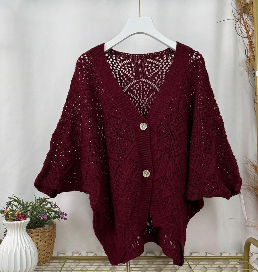 Women's Oversized Crochet Jacket With Short Sleeves And Buttons - Màu Đỏ Sâu - Xem 1