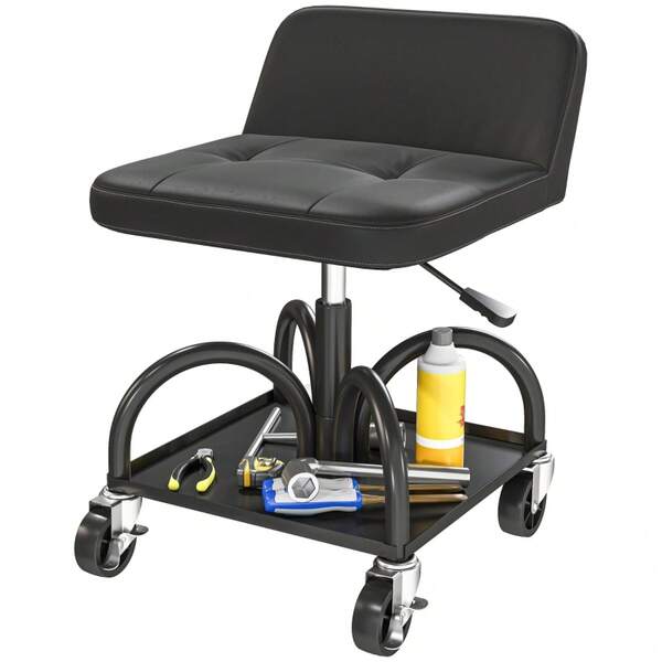 HOMCOM Workshop Stool With Castors, Shelf Surface, Lumbar Support, 58.5 Cm Height, Rolling Stool Up To 135 Kg Load Capacity, Work Stool, Rolling Seat, Workshop Seat For Workshop, Black