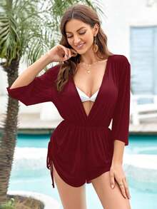 Womens Swimsuit Cover Ups Summer Beach Bathing Suit Sexy Sheer One Piece Bikini Romper Outfit - Burgundy - View 1