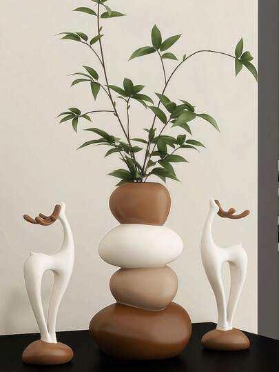 1/3件套可爱小鹿摆件及叠放花瓶套装，波西米亚风格家居装饰，手工制作，充满质朴魅力，适合摆放在客厅/卧室的架子上，或作为咖啡桌的中心装饰品，北欧简约风格，提升氛围，独特的艺术装饰，是自然爱好者、家居装饰爱好者和乔迁新居的理想礼物（注意：鹿角需要自行粘贴）。