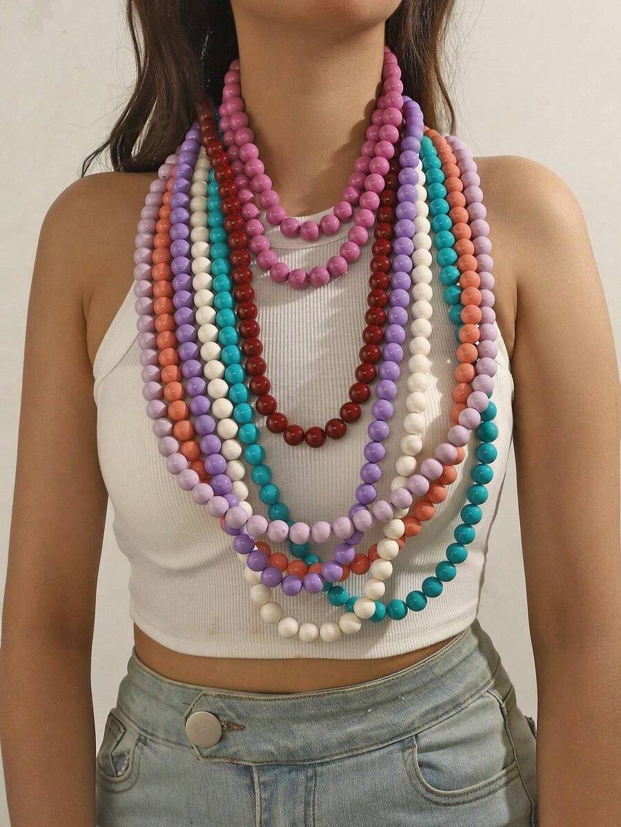 1pc Bohemian Style Plastic Bead Geometric Smooth Beaded Long Necklace, Handmade For Women, Can Be Worn Double Layer, Suitable For Summer Beach, Holidays, Daily Party Accessories