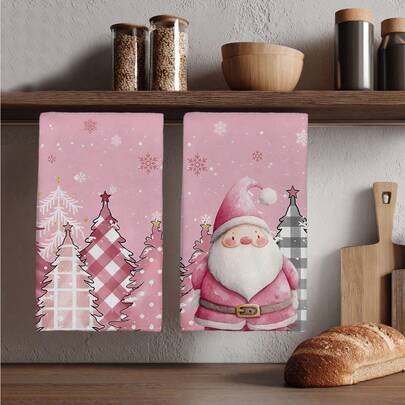 MEMNUN 2 件圣诞粉色格子森林圣诞树和圣诞老人印花超柔软吸水超细纤维厨房毛巾、洗碗巾、手巾、洗碗布、圣诞装饰、家居装饰、厨房装饰、烹饪烘焙茶巾、清洁用品，适用于餐厅、厨房、圣诞节装饰和礼物，所有季节