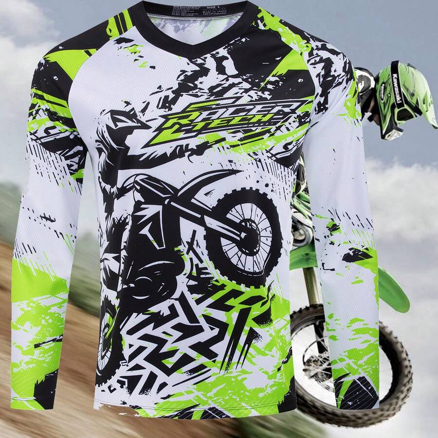 TELEYI Jersey de Carreras de Motocicleta Off-Road del Equipo RAC, 100% Poliéster Transpirable y de Absorción de Humedad, Top de Manga Larga con Cuello en V, Diseño de Manga Raglán para Deportes - Verde - Ver 1