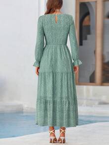 Women Leopard Long Sleeve Maxi Dress Flounces High Waist Smocked Tiered Dress Fall Spring Wedding Guest Vacation Holiday Boho Valentine Dresses Outfits - 綠色 - 查看 2