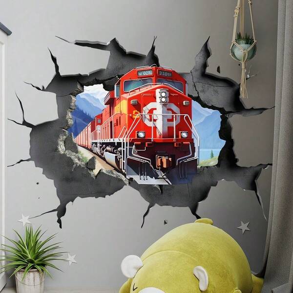 Nouveau sticker mural de train rouge avec trou, décoration murale autocollante créative de dessin animé. Stickers de décoration murale pour la maison