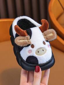 1 Đôi Dép đi trong nhà họa tiết bò cho trẻ em, Dép đi trong nhà ấm áp chống trượt cho bé trai và bé gái, thích hợp cho mùa thu/đông - Đen và trắng - Xem 6