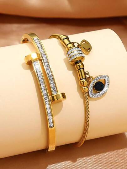 Conjunto de 2 pulseiras de aço inoxidável à prova d'água de luxo da moda, pulseira clássica de zircônia cúbica fosca, pulseira anti-olhado com contas e cabo e pulseiras exclusivas de aço inoxidável para mulheres