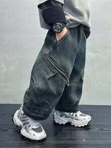 Young Boys' Loose Fit Thermal Lined Thickened Denim Jeans, Suitable For Casual, School, Outdoor Wear In Autumn/Winter