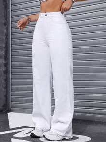 XIANGHE Pantalones de mezclilla unicolor de ajuste holgado para mujeres a la moda - Blanco - Ver 6