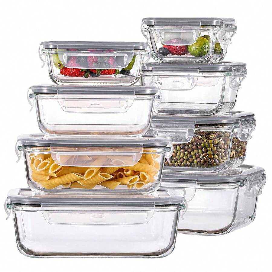 8-tlg. Frischhaltedosen Set aus robustem Glas (mit Deckel) – Vorratsdosen in 8 Größen, mikrowellengeeignet, temperaturbeständig, auslaufsfest & geruchsfrei – Ideal für Meal Prep, Aufbewahrung, Kühlschrank, Gefrierschrank & Spülmaschine – stapelbar - Hellgrau - Übersicht 1
