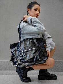 DareSee 1 chiếc túi tote dung tích lớn, kiểu dáng sinh viên, chất liệu da PU bóng, có khóa kéo trang trí, túi xách thời trang nữ, túi tote đi học, đồ dùng cần thiết cho sinh viên mùa đông, quà tặng lễ hội âm nhạc. - màu đen - Xem 4