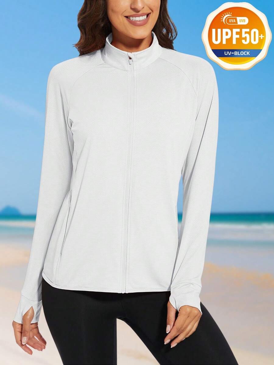 Women's UPF 50+ Quick Dry Long Sleeve Jackets Sun UV Protection Full Zip Long Sleeve Shirts Lightweight Hiking Athletic Thumb Holes Tops With 4 Pockets
