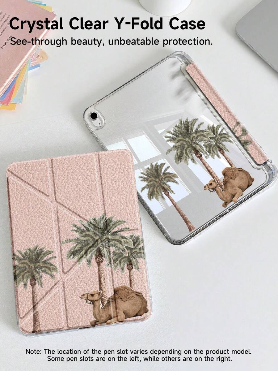 1 pieza Funda protectora de cristal transparente de acrílico con diseño de camello y palmera, función de activación/suspensión a prueba de golpes, adecuada para iPad (A16) de 11.a generación de 11 pulgadas (modelo 2025) e iPad de 9.a/8.a/7.a generación de 10.2 pulgadas, plegable 3+Y anti-doblado, ranura integrada para lápiz, protección diaria perfecta