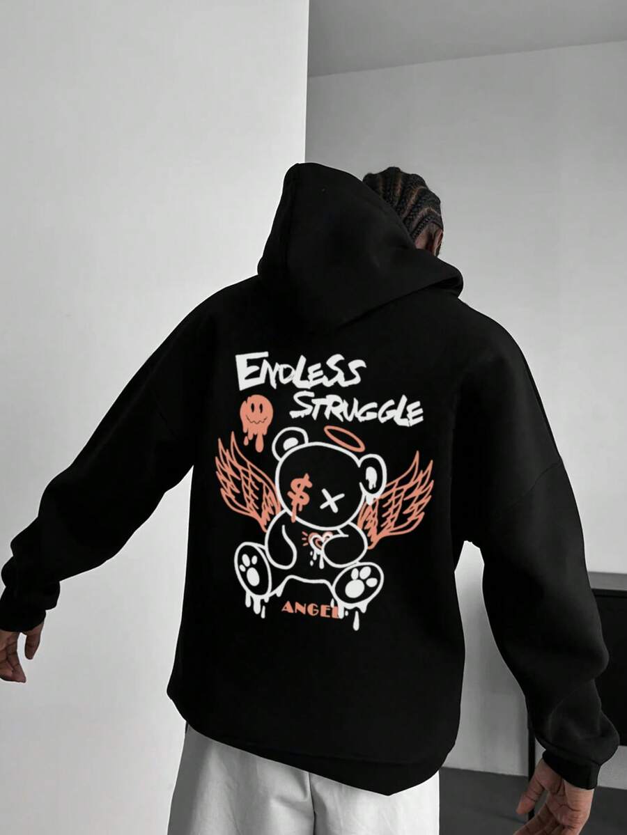 男士秋冬街头风格标语翼与熊图案黑色连帽卫衣 - 黑色 - 查看 1