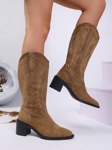 女士秋冬高跟高筒靴，刺绣优雅西部牛仔靴，侧拉链复古高筒靴，时尚百搭牛仔靴 - 棕色 - 查看 4