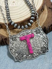 Women's Vintage European & American Bohemian Style Rose Red Turquoise English Initial Double Layer Necklace, 18-Inch Pearl + 20-Inch Rectangular Alloy Pendant, Suitable For Daily Wear, Dates, Theme Parties, You Will Get Many Compliments From Friends When Wearing It - Hot Pink - View 13