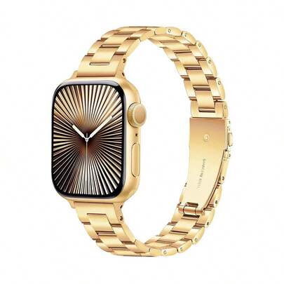 1pc Narrow Women's Gold Metal Apple Watch Band, Suitable For Apple Watch Ultra 3/2/1 Series SE/S10/S9/S8/S7/S5/S4/S3, 14mm Detachable 3-Link Chain Gold Strap, Fashionable, Elegant, Suitable For Daily Wear, Parties, Travels, Gift For Girls, Apple Watch 38/40/41mm, 44/45/46/49mm Smartwatch Accessories