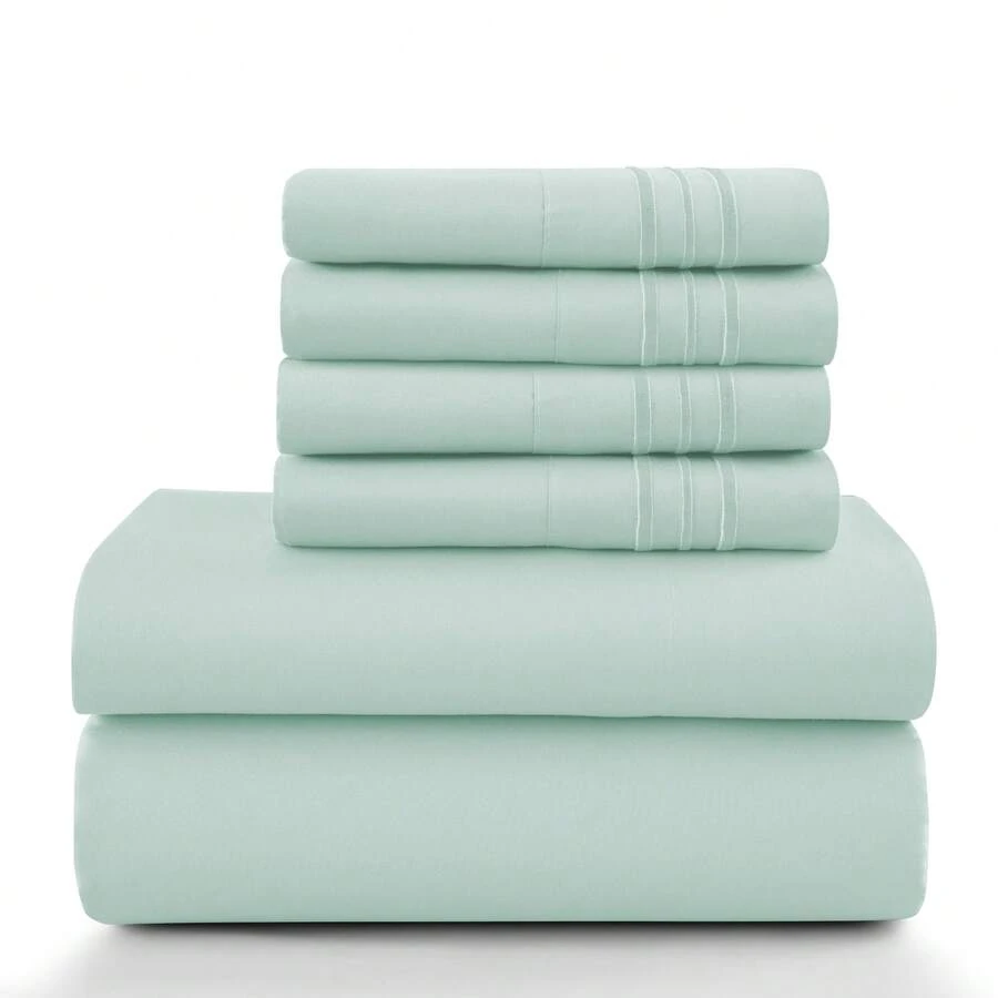 LUX DECOR 6-Piece Embroidered Bed Sheet Set – Brushed Microfiber, Deep Pocket, Lightweight & Breathable – Graduation Gifts, Home Decor, Sleep Protection For Dorms, Student Beds, Back‑To‑School Gift, Soft Bed Linens, Comfortable Sleep, Luxury Bed Set, Valentine's Day Bedroom, Spring Bedding Refresh, Guest Room Essentials, Dorm Room Bedding, Premium Bed Linens, Easy Care Sheets, Hypoallergenic Fabric, Year-Round Comfort, Master Bedroom Update, Matching Bedding Set, Hotel Quality Linens - 溫泉藍 - 查看 1