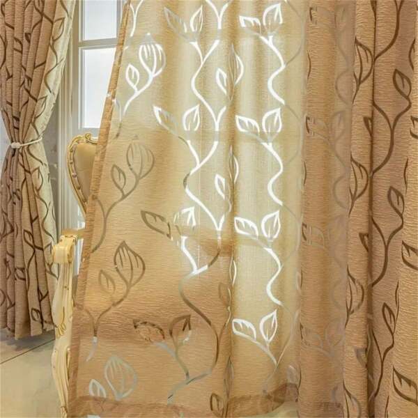 1pc Cutout Leaf Sheer Curtain, Grey/White/Khaki/Red Semi-Sheer Lightweight Cutout Curtain Suitable For Living Room, Bedroom, Home Decor