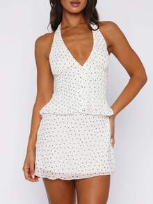 Women Polka Dot Outfits 2 Piece Skirt Sets Vintage Halter V-Neck Top And A-Line Mini Skirt Y2k Outfits - trắng - Xem 1