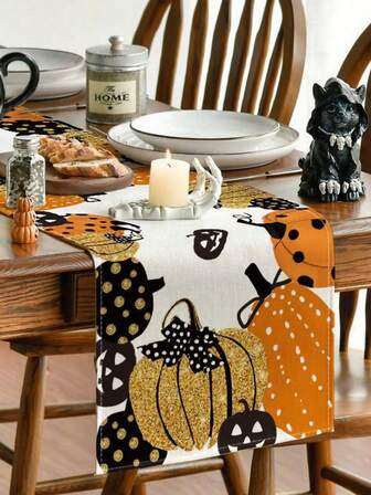 1Pc Halloween Table Runner Tablecloth Table Cover, Pumpkin Skull Ghost Pattern Decoration, Halloween Decoration, Halloween Party Dinner Table Decoration, Home Decor,Indoor Outdoor Decor,Halloween Decor Fall Autumn,Christmas
