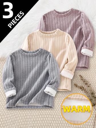 3 件套小男孩加厚保暖内衬长袖 T 恤，适合男孩和女孩的休闲百搭打底衫，适合 4-12 岁，秋冬季