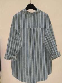 Women's Casual Retro Striped Front Button Down Collar Long Sleeve Loose Blouse, Fashionable - Blue - View 2