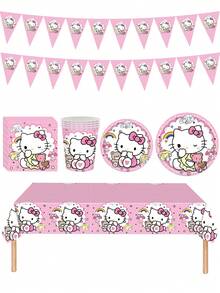 Sanrio 1/10/20/52 pièces/set Fournitures de fête Hello chat Vaisselle Gobelets en papier Serviettes en papier Nappe Drapeaux Sacs cadeaux Décoration de salle Convient pour anniversaire mariage cérémonie de remise des diplômes fête familiale quotidienne Décorations de Noël