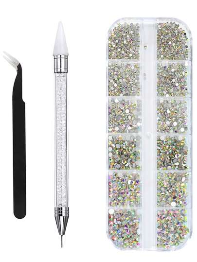 12格6种尺寸透明水晶AB水钻，包含镊子和点钻笔，2000颗3D圆形水晶美甲装饰，适用于面部和眼部化妆，DIY美甲工艺